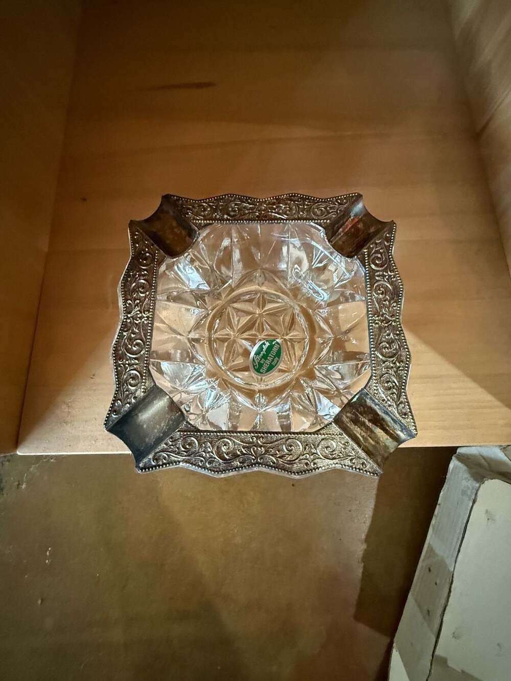Sheraton Italy Silverplate and Cut Crystal Square Ashtray
